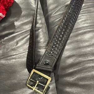 Black Textured Leather Belt with Gold Buckle